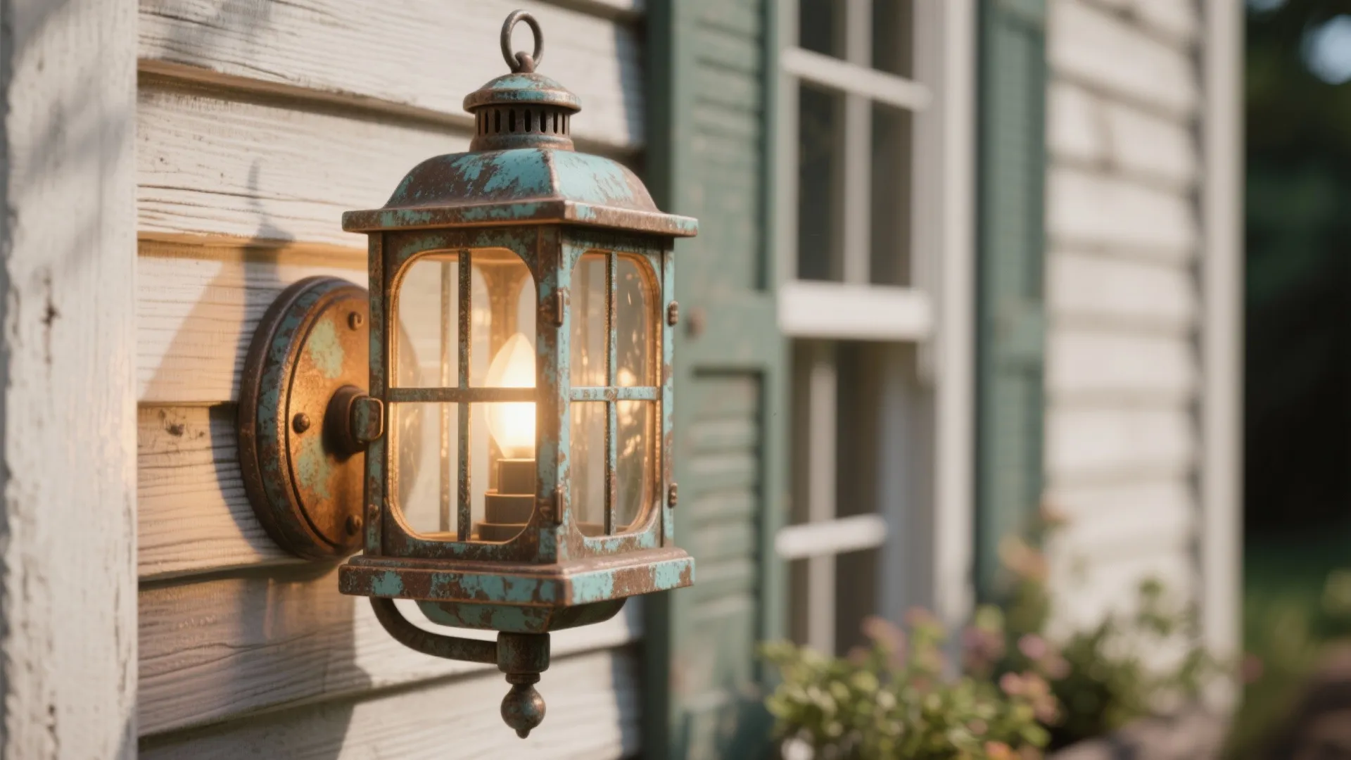 Vintage blue metal wall light fixture on white wood siding with green window shutters background