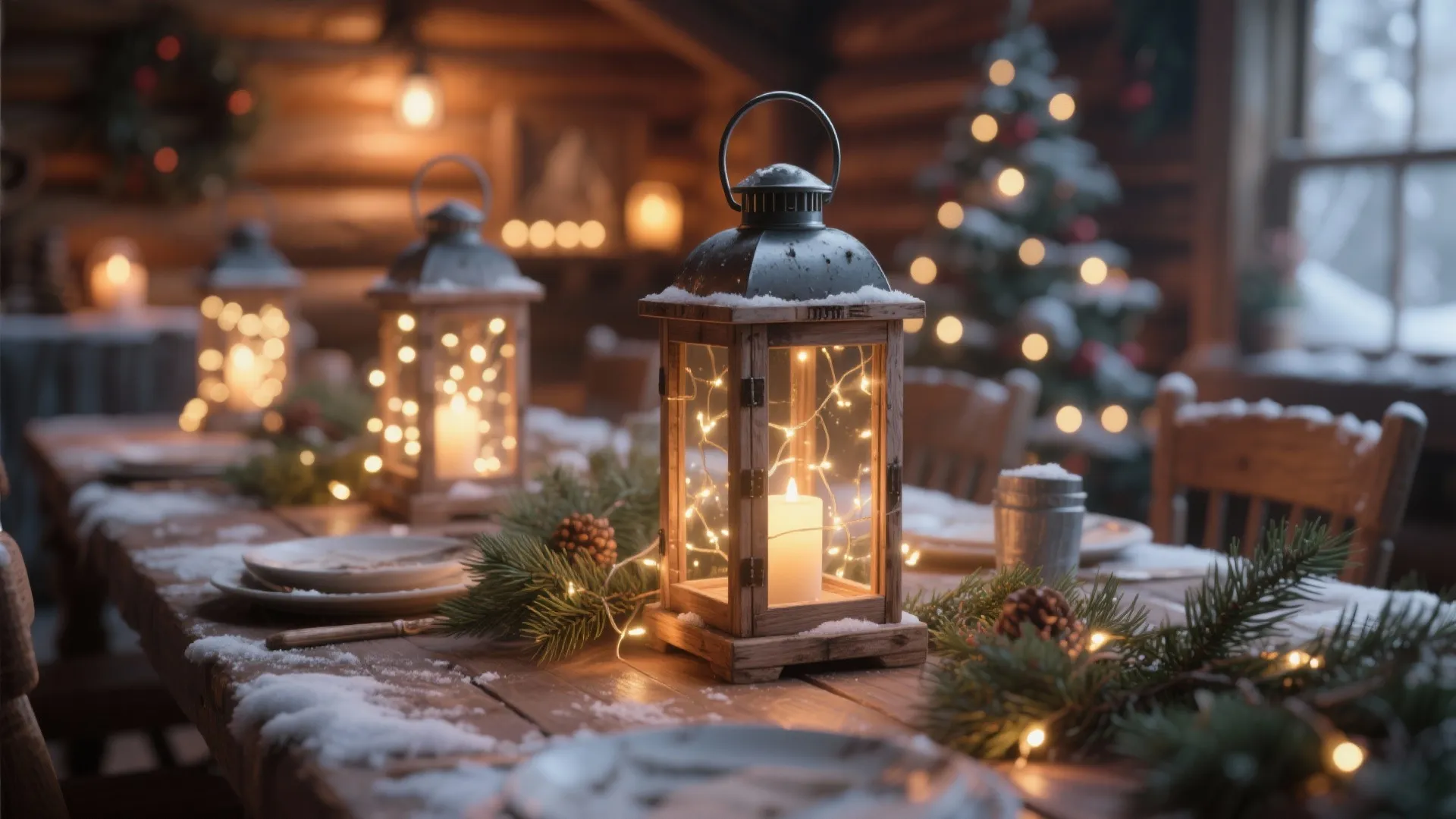 Rustic lanterns with warm fairy lights on a holiday table
