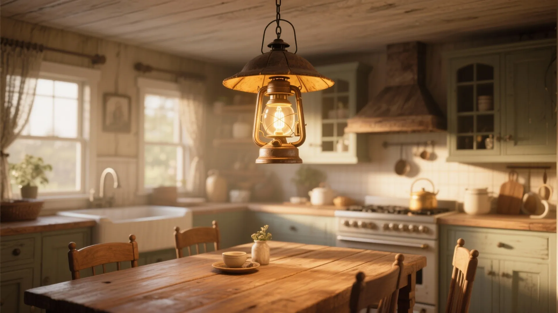 Rustic country kitchen with wood table and chairs featuring a vintage lantern style ceiling light