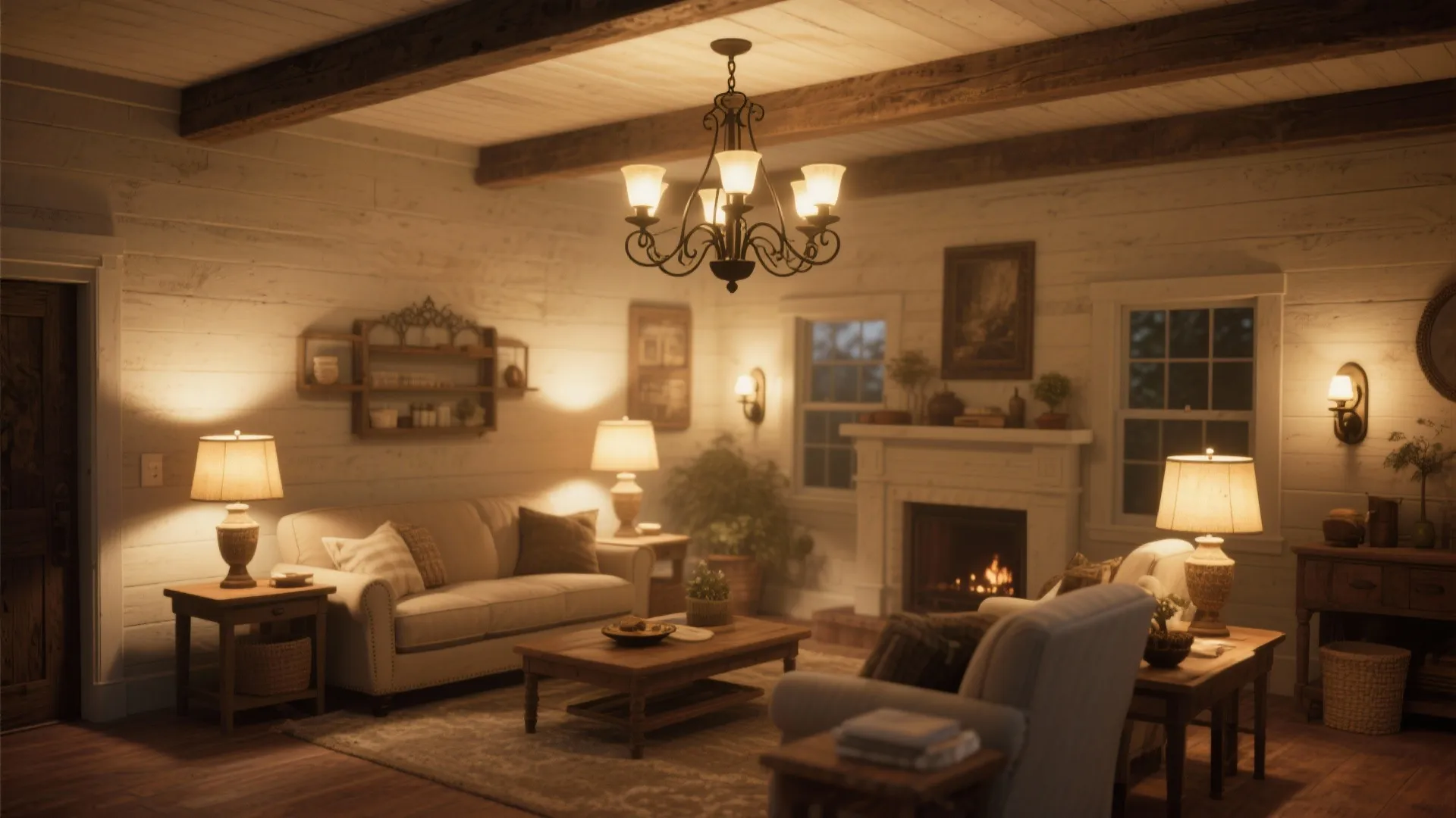 8. Layered Lighting with Rustic Fixtures