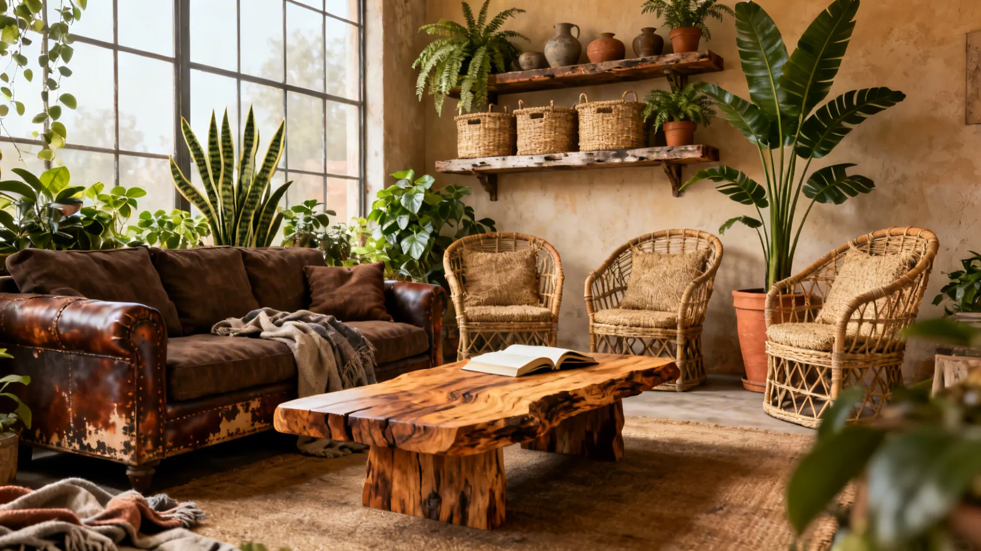 Rustic living room with a dark brown sofa, live-edge coffee table, rattan elements and plants.