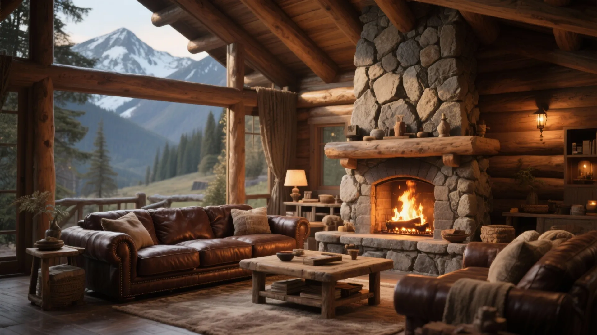 4. Rustic Leather Sectional with Stone Fireplace