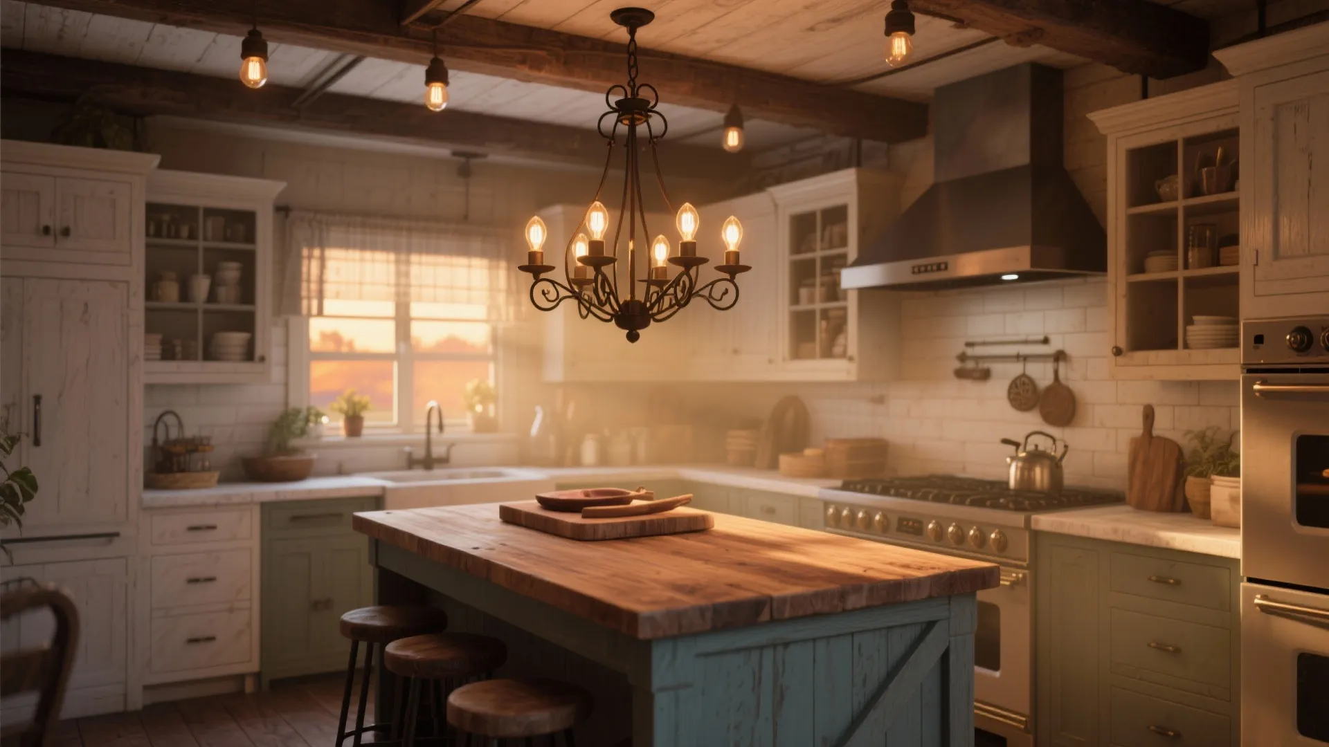 Rustic kitchen with wooden island stools and a central ceiling light with warm glowing bulbs