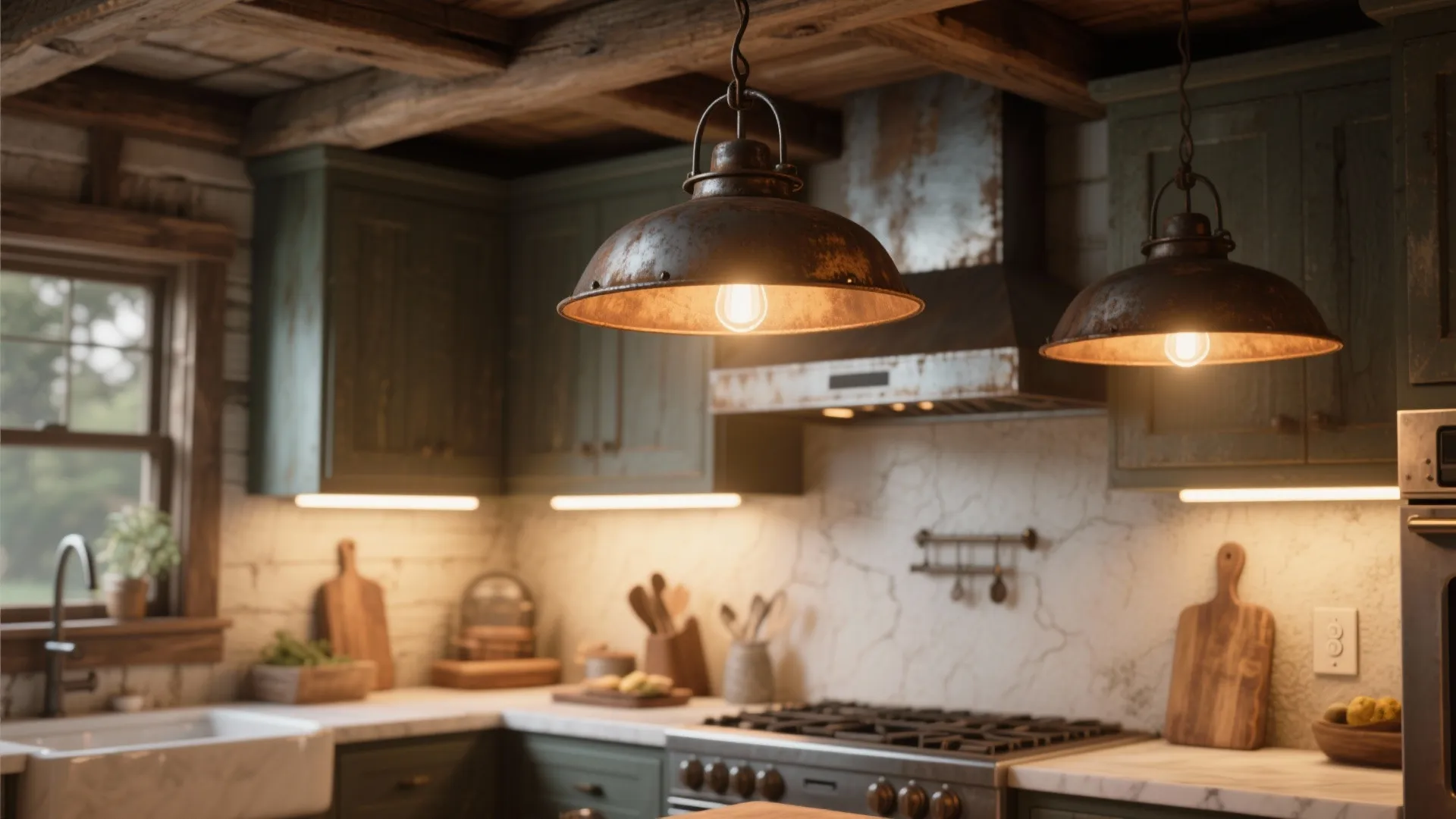 [Section: Layered Lighting and Rustic Fixtures]