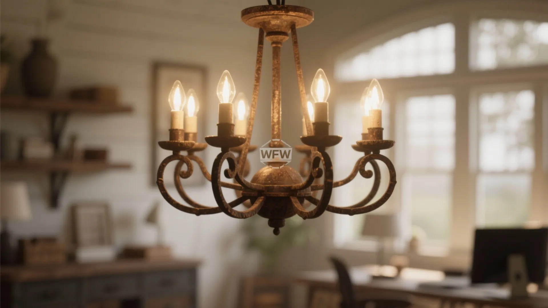 Vintage metal ceiling light with glowing candle bulbs in a warm rustic interior design setting