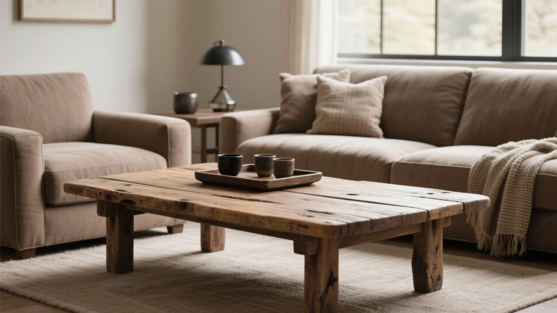 Rustic living room interior design with wooden coffee table brown sofa small desk lamp and windows