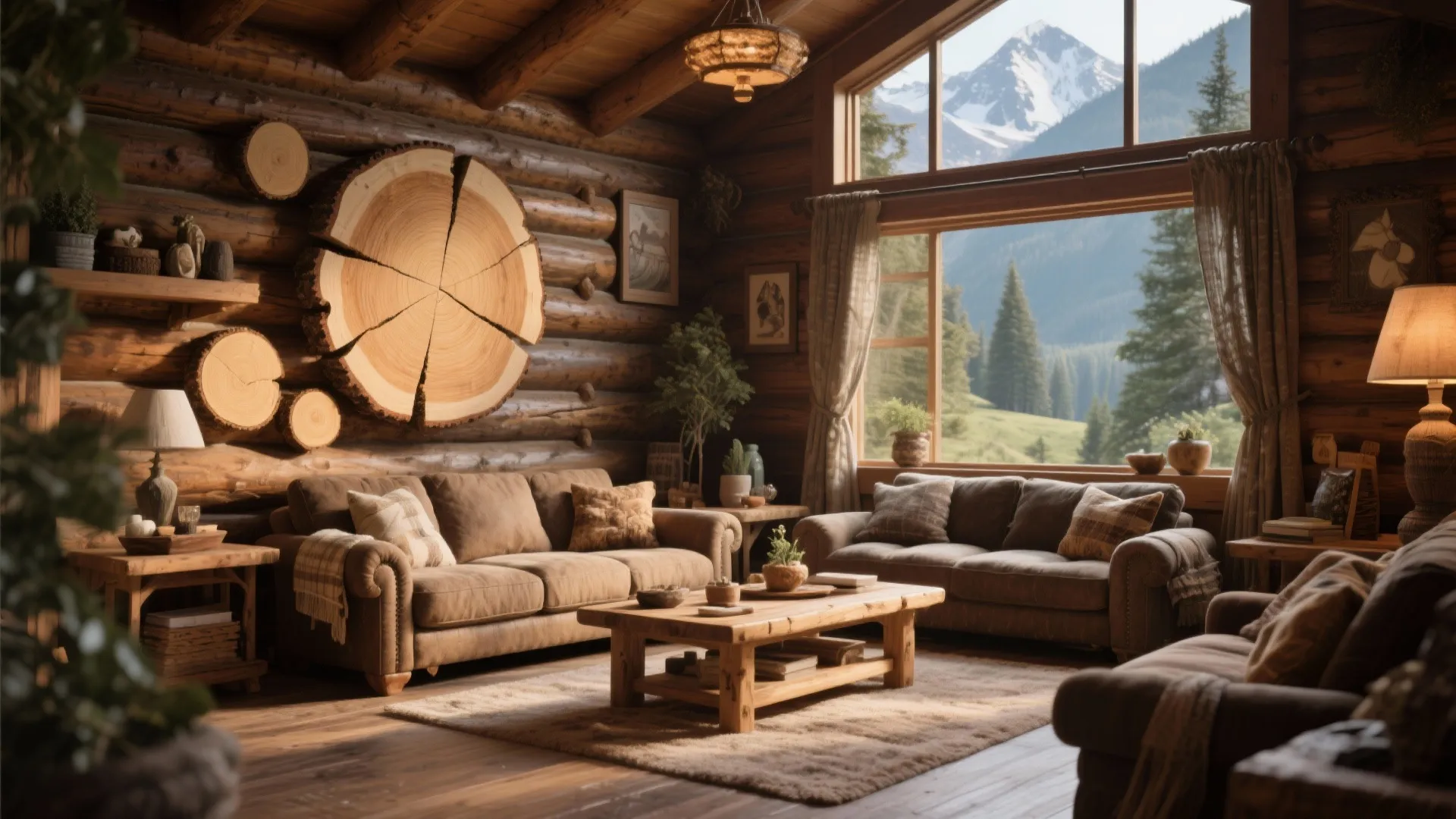 Rustic log cabin living room with large wood slice wall decor, brown sofas, and mountain view