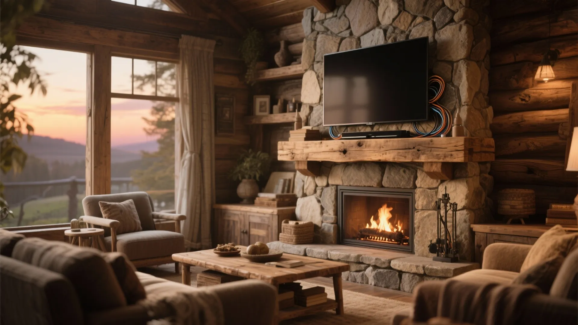 8. Rustic Mantel with Hidden Cables