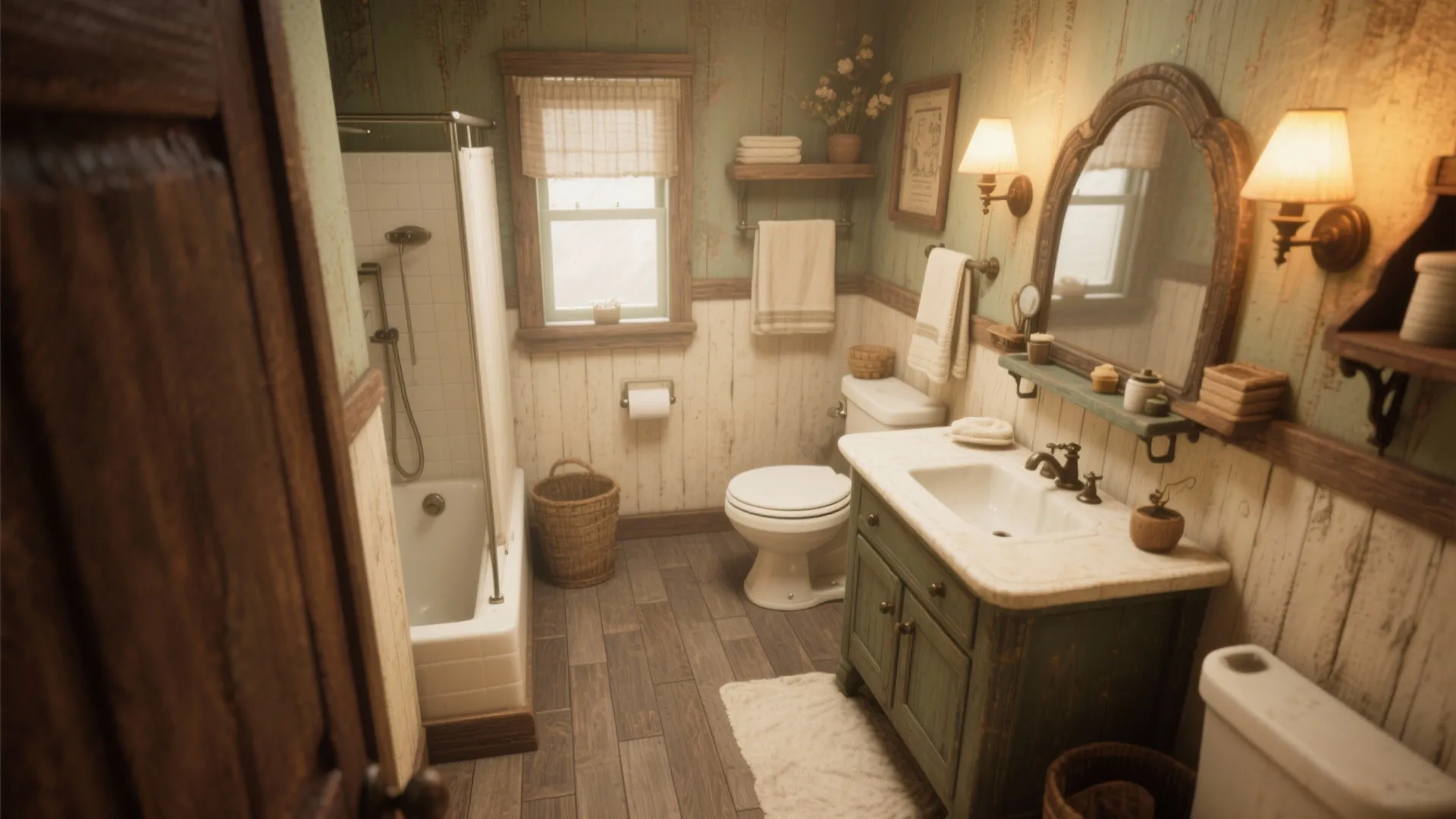 Rustic bathroom interior with green wooden cabinet white bathtub wall light and wood wall panel