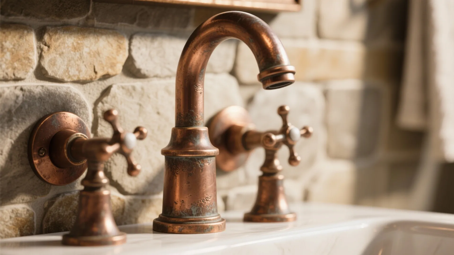Vintage style copper water faucet with cross handles on white sink against rustic stone wall