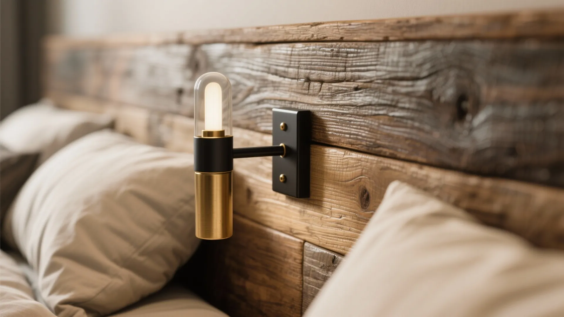 Close-up of reclaimed wood headboard with brass sconce and black hardware showing rustic-meets-modern contrast.