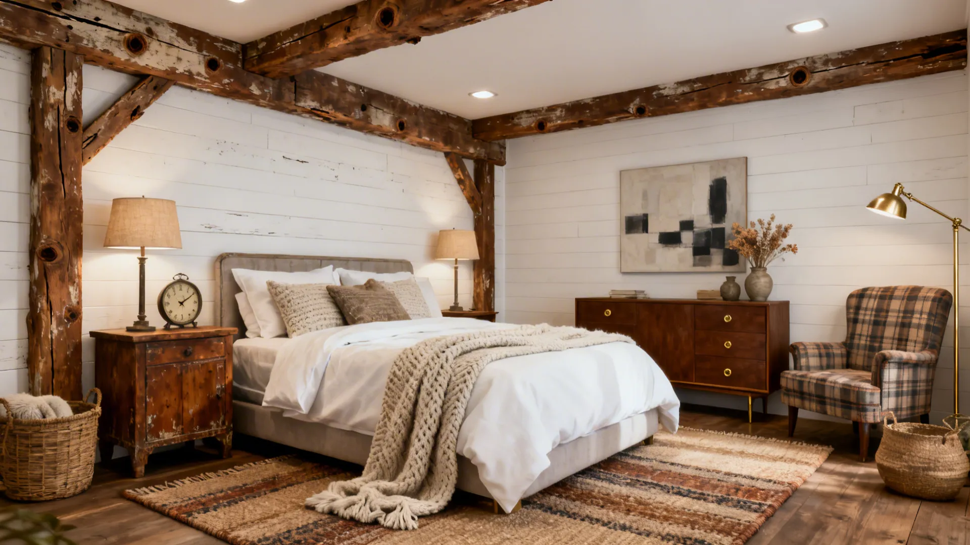 Rustic-modern bedroom with white shiplap walls and reclaimed-style brown wood accents.