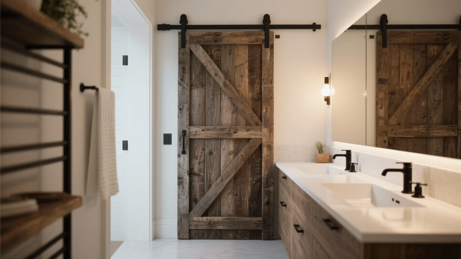 Modern bathroom featuring a rustic wooden barn door, double sink vanity, large mirror and black faucets