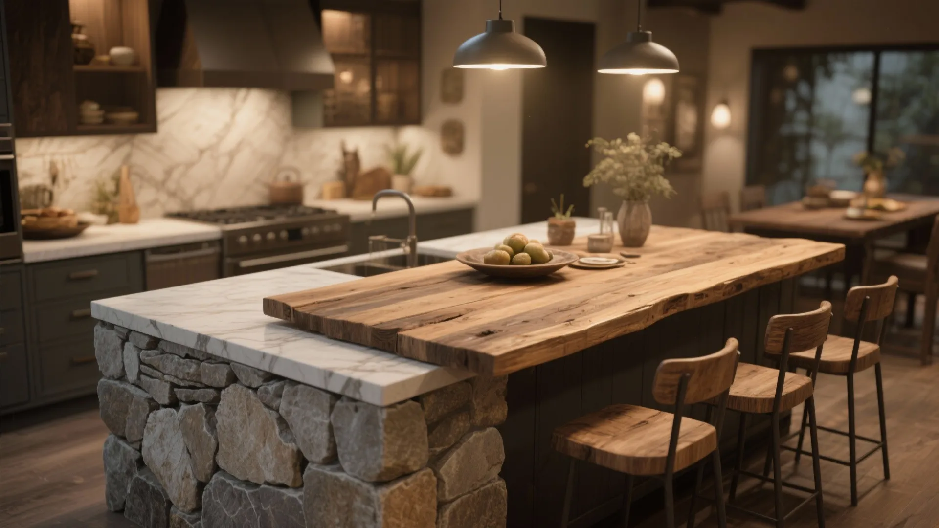 Rustic kitchen island made of stone and wood with marble counter top and wooden bar stools