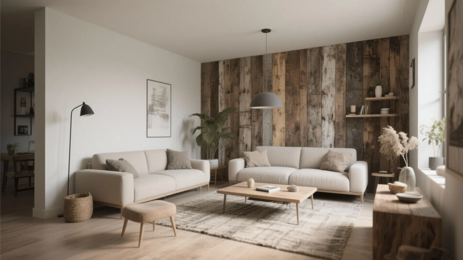 Modern living room with wood wall panel cream sofas coffee table footrest and ceiling light