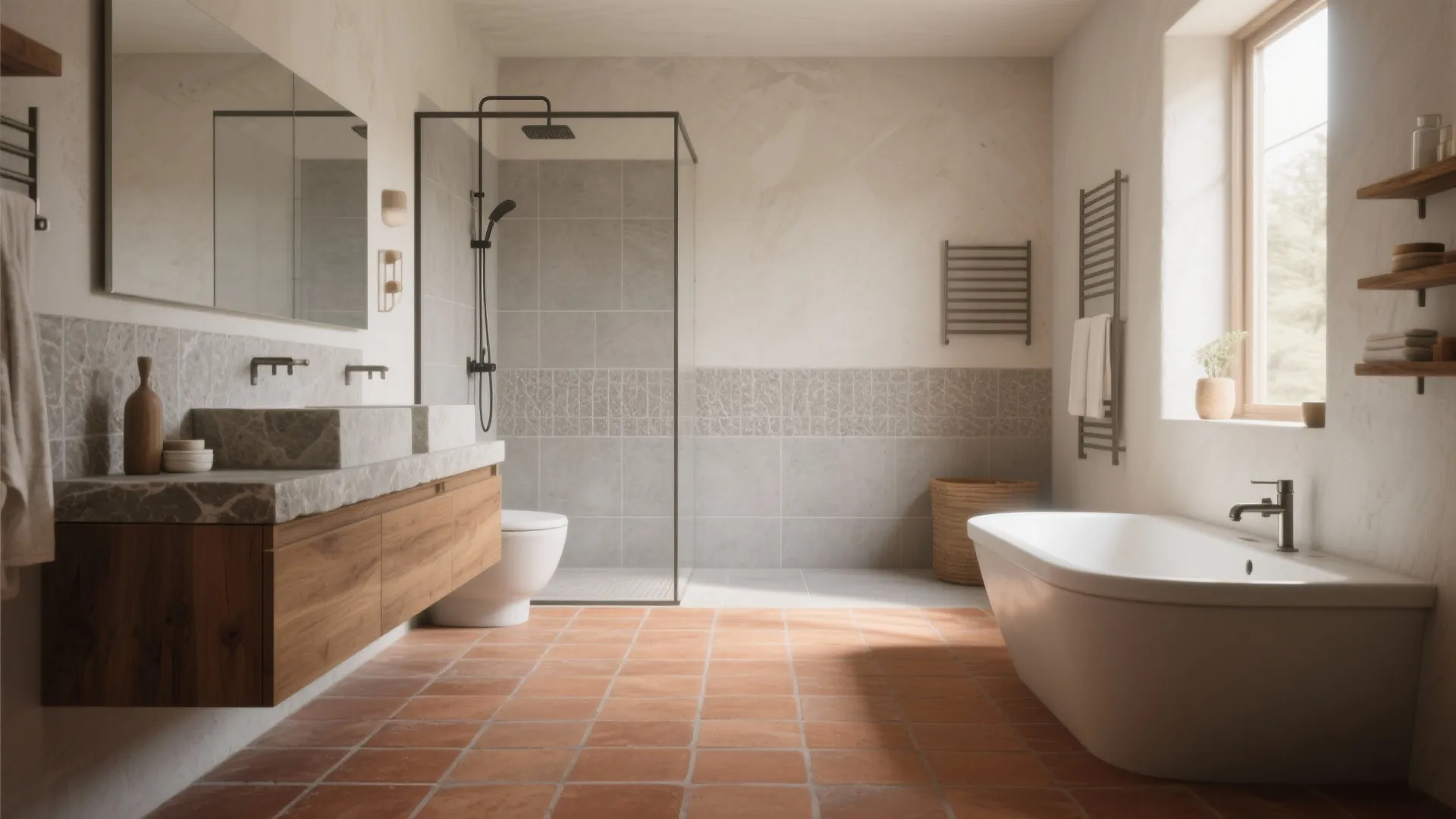 Terracotta floor with concrete-look porcelain shower and honed stone vanity, warm gray grout.