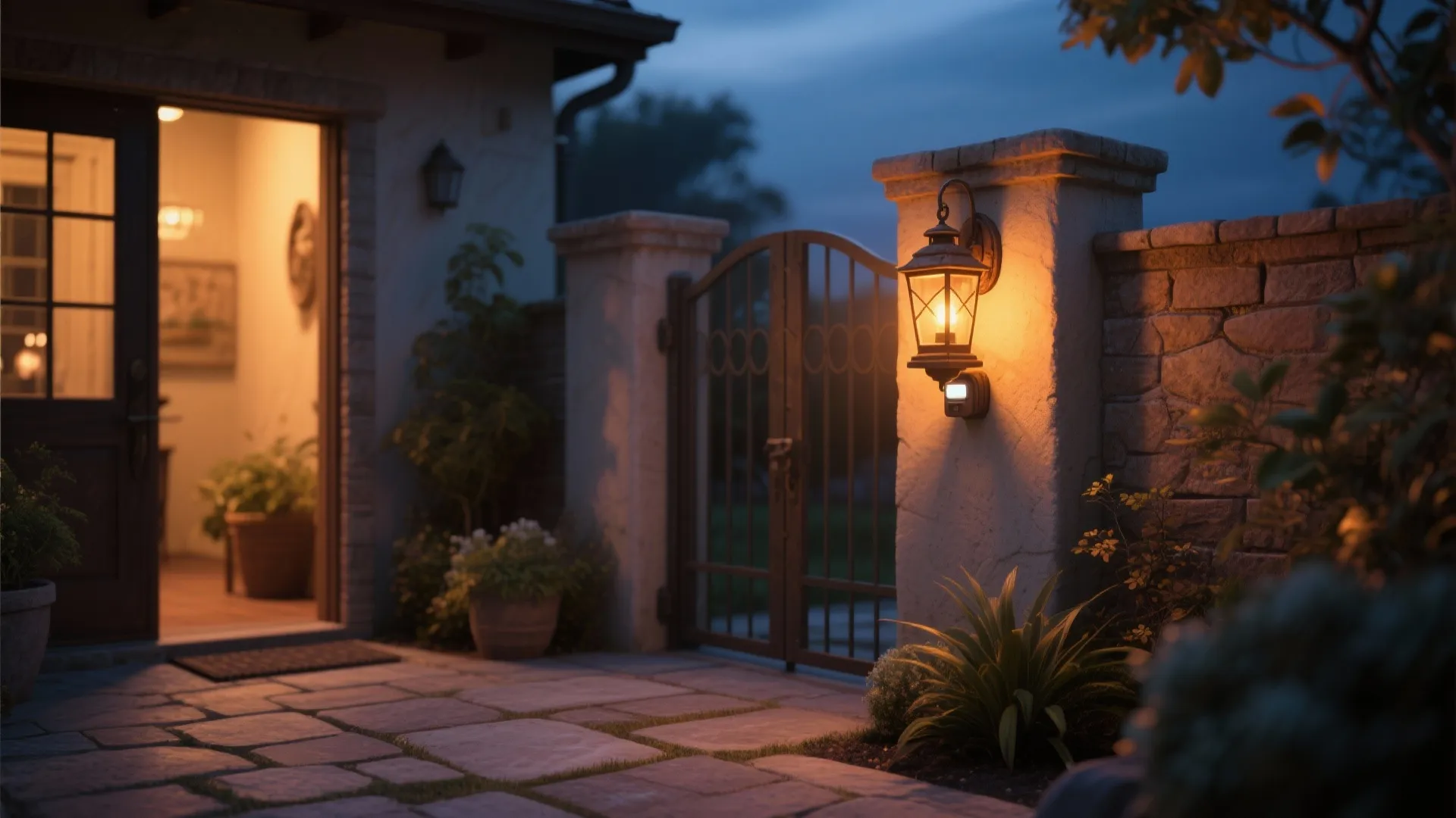 Patio gate illuminated by a motion-sensor rustic lantern sconce casting warm light on stone paving