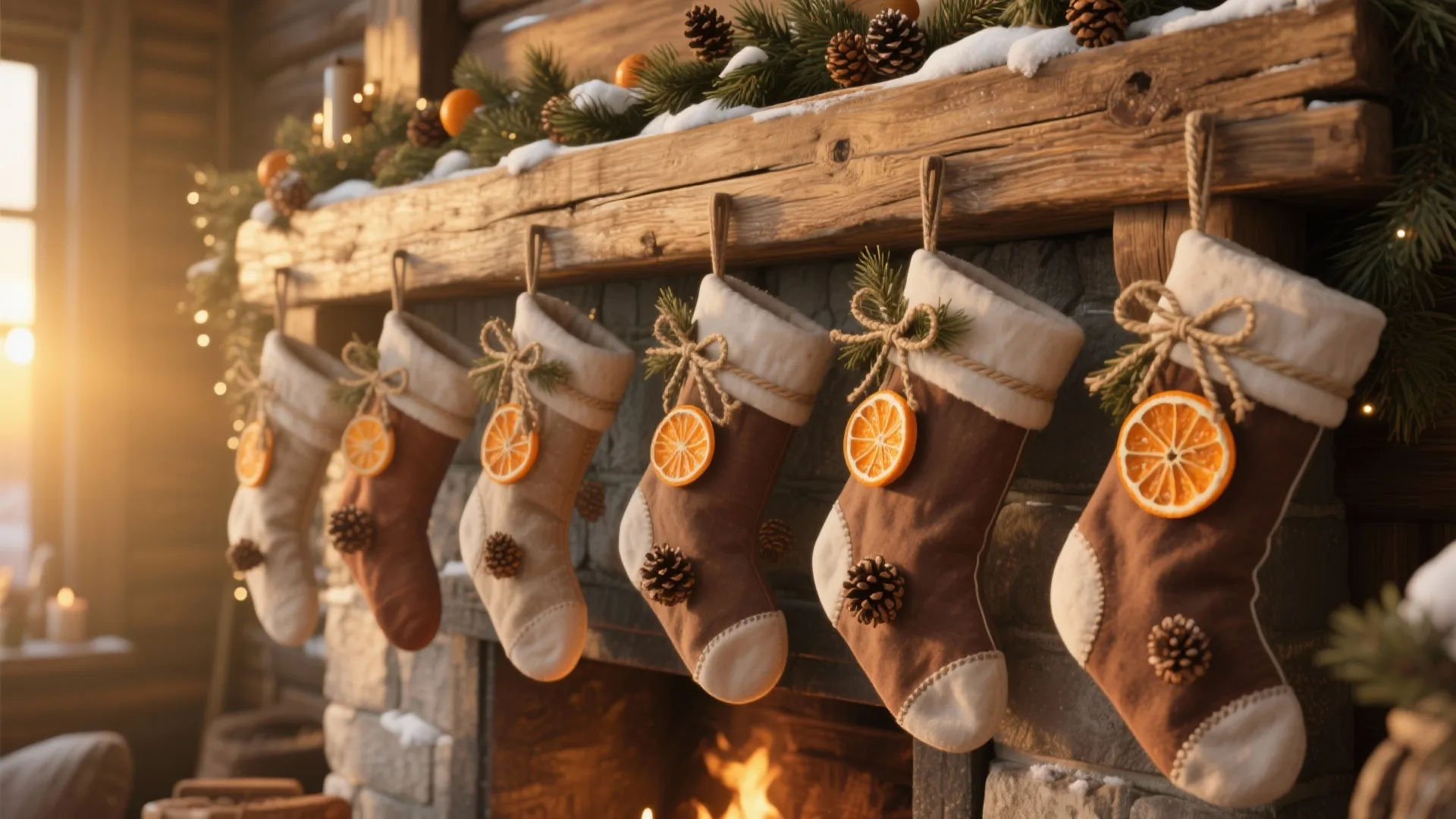 Rustic mantel with stockings decorated using dried orange slices, pinecones and twine on reclaimed wood.
