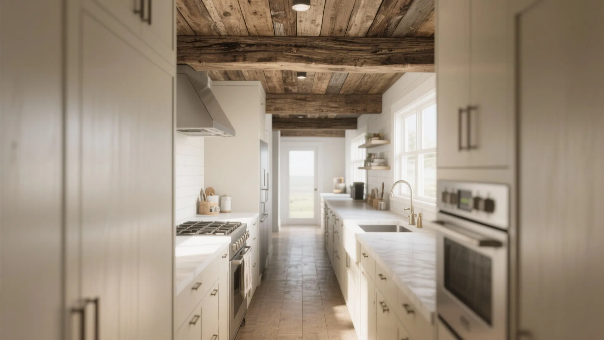 Galley kitchen with reclaimed oak ceiling beams and light cabinetry