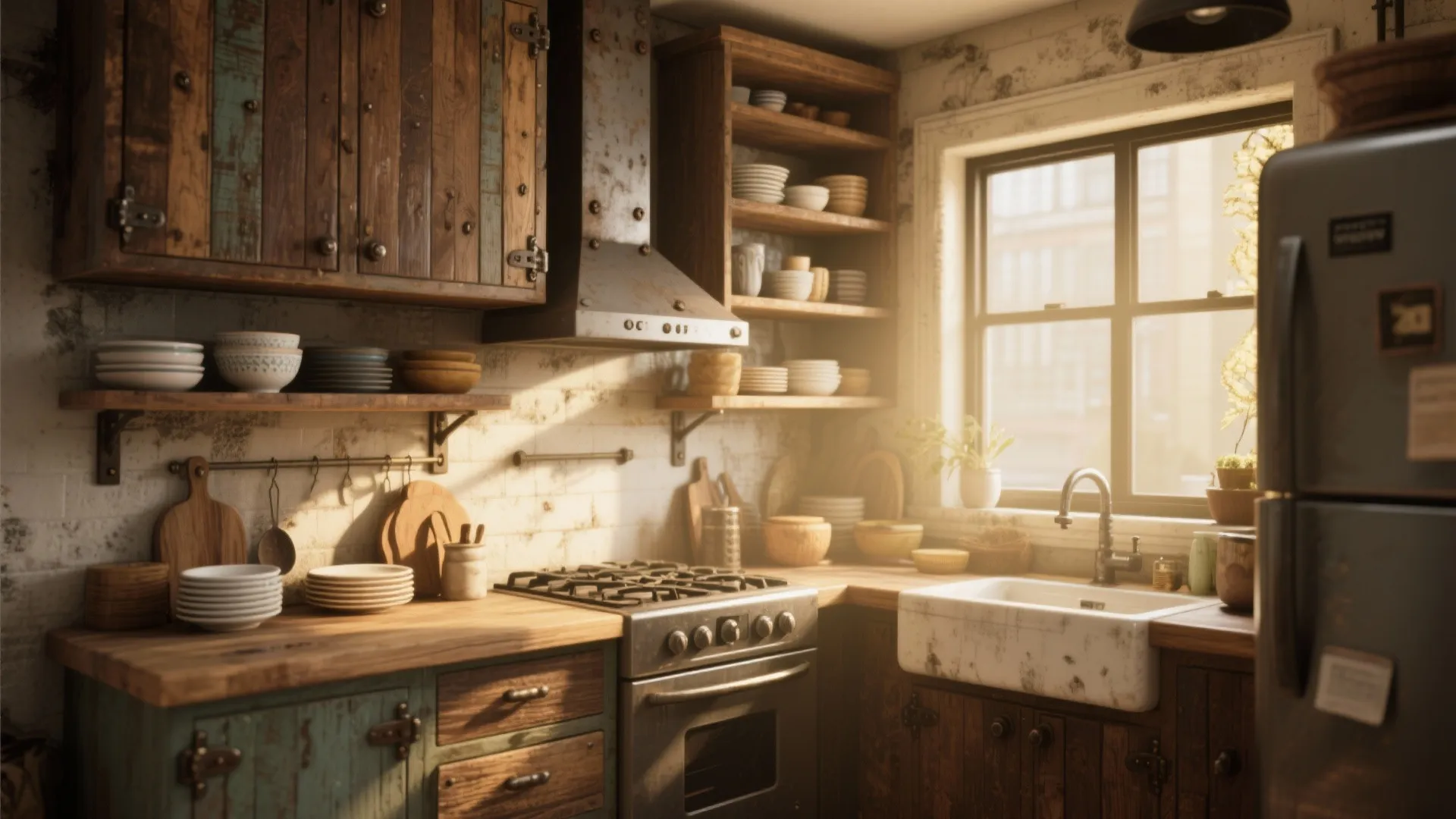 5. Rustic Oak with Industrial Hardware and Open Shelving