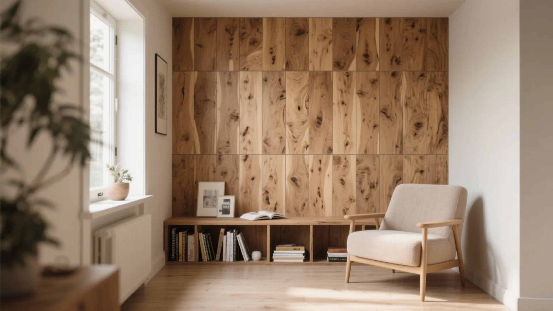 Minimalist reading nook with rustic wood wall panel cream armchair low bookshelf and large window