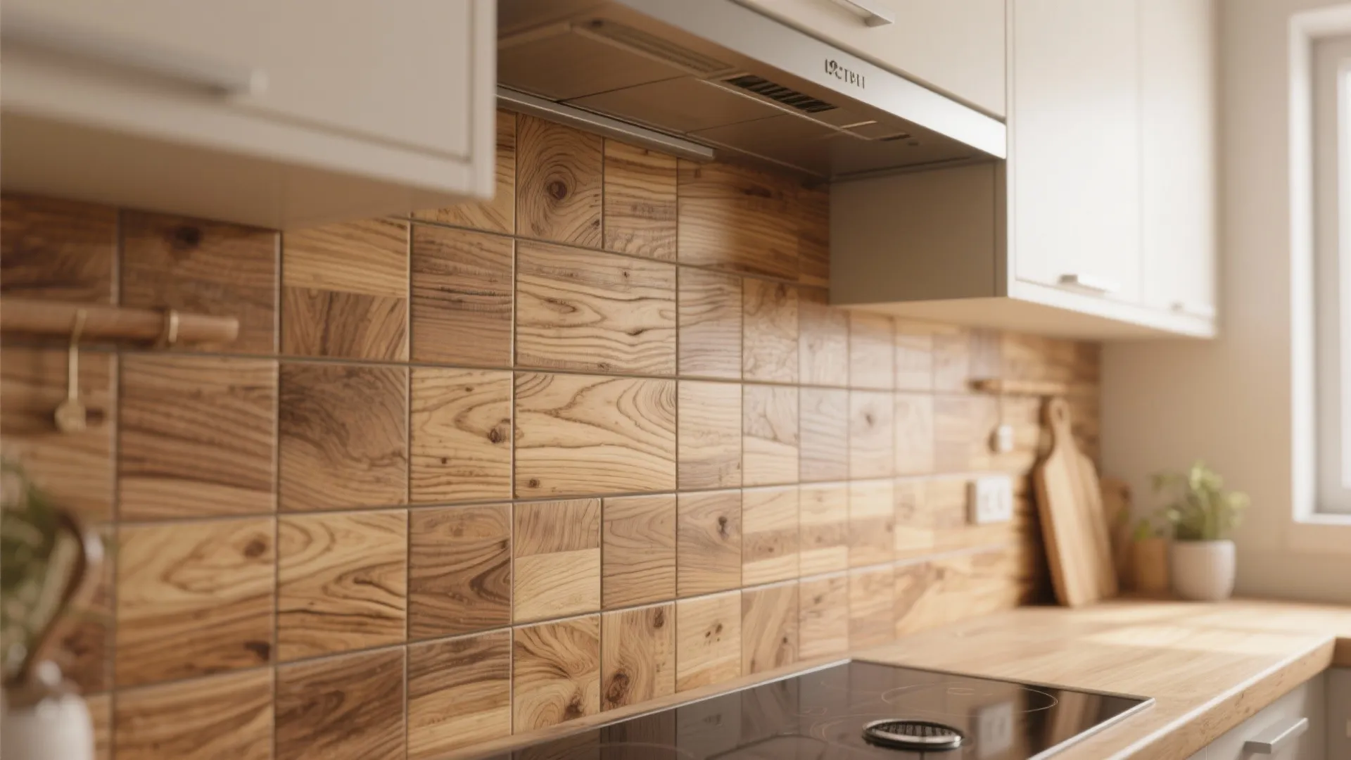 Modern kitchen with rustic oak square wall tiles wooden countertop white cabinets and black electric stove