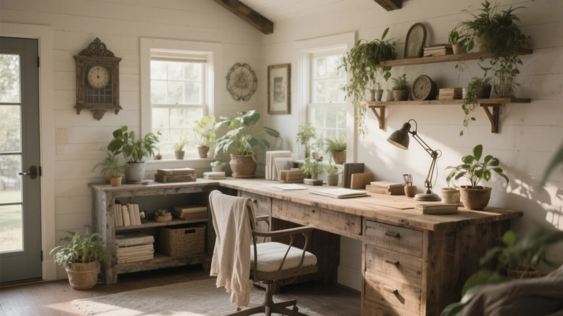 Rustic home office with wooden corner desk white wall panels many green plants and clock