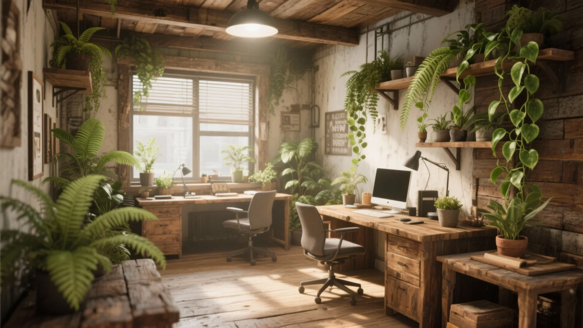 Wooden workspace filled with green indoor plants hanging vines two desks and warm ceiling light