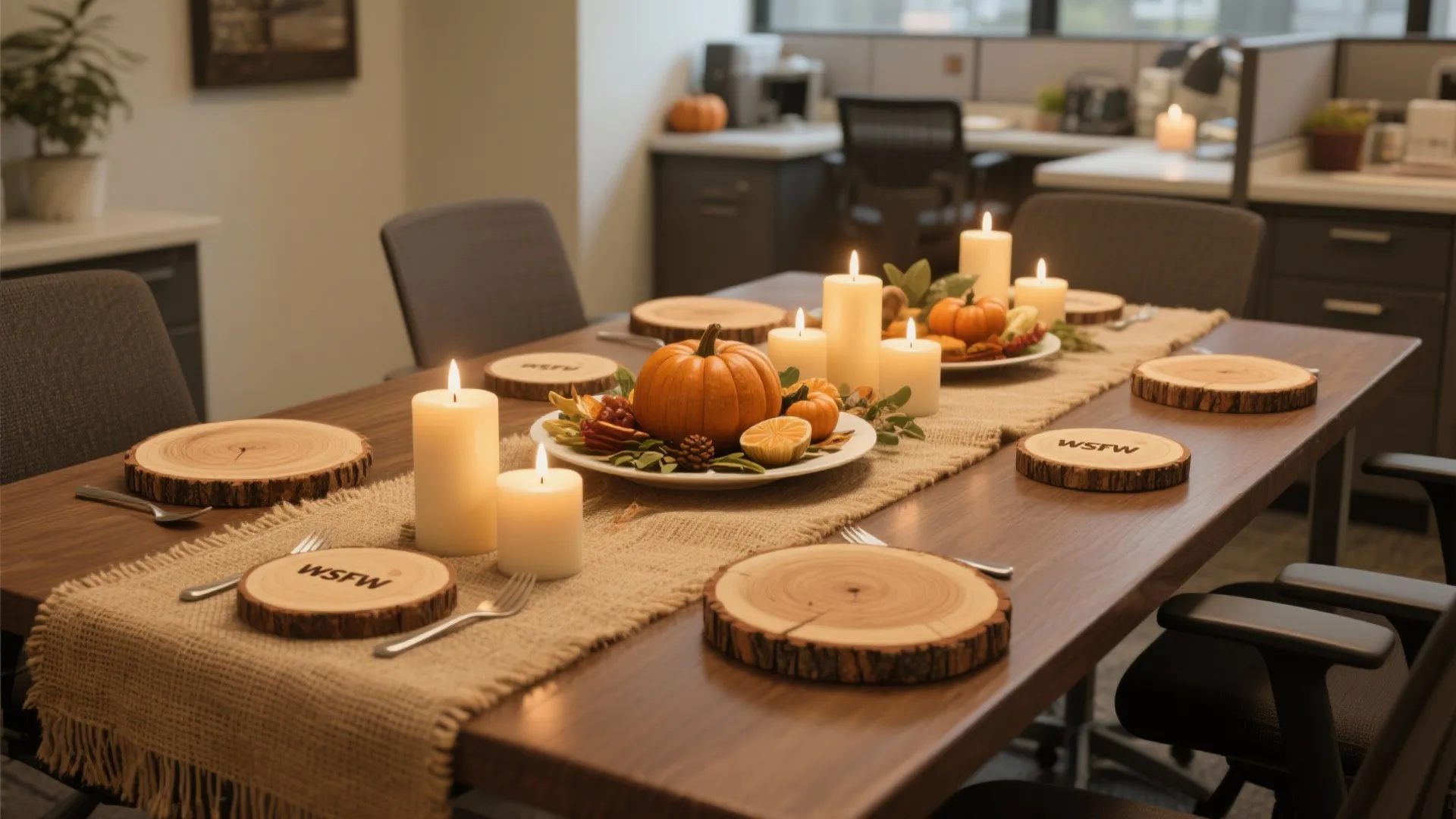 Office meeting table decorated with orange pumpkins white candles wood slices and a rustic burlap runner