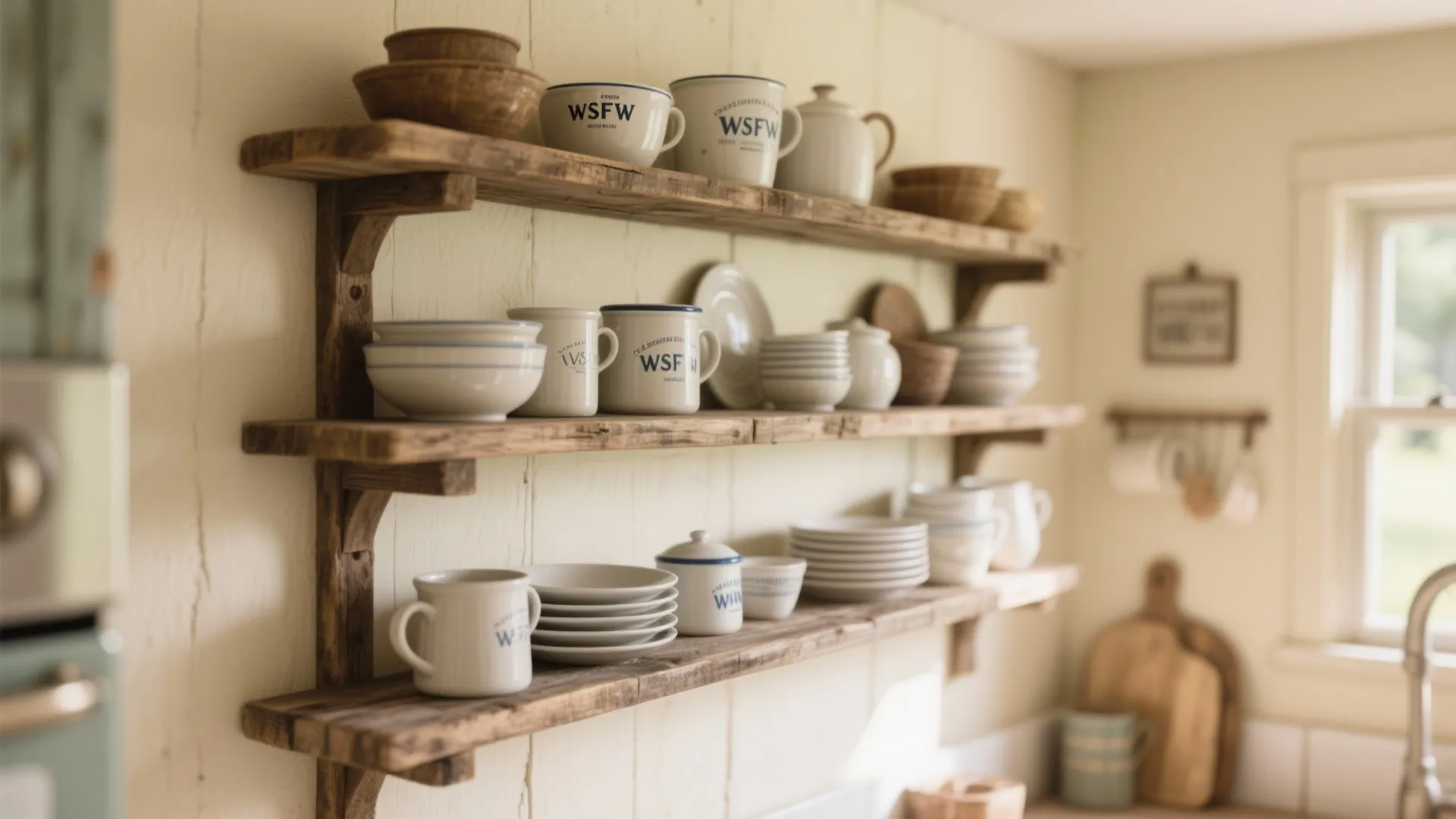 1. Open Shelving with Rustic Wood
