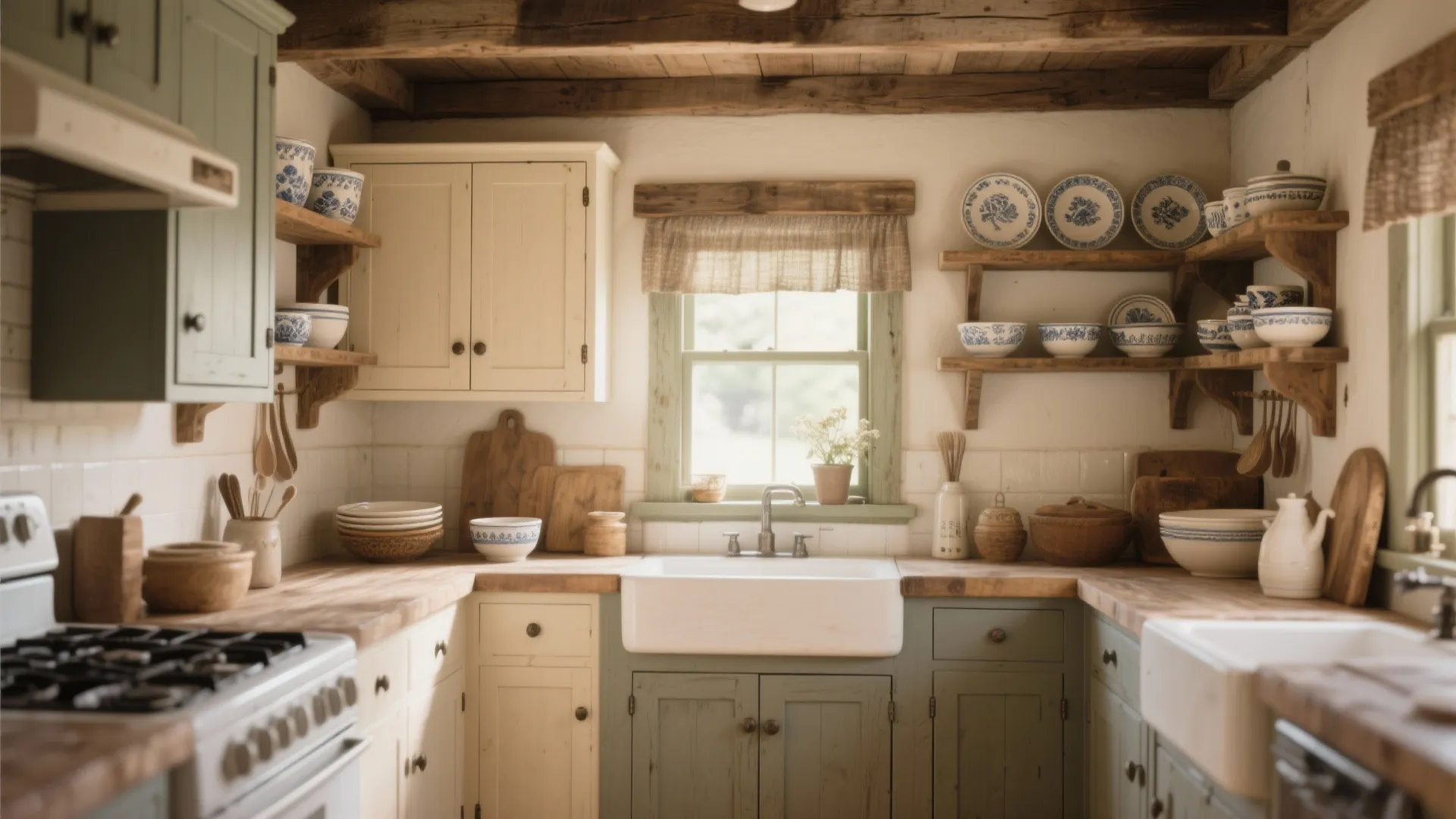 2. Open Shelving with Rustic Touches