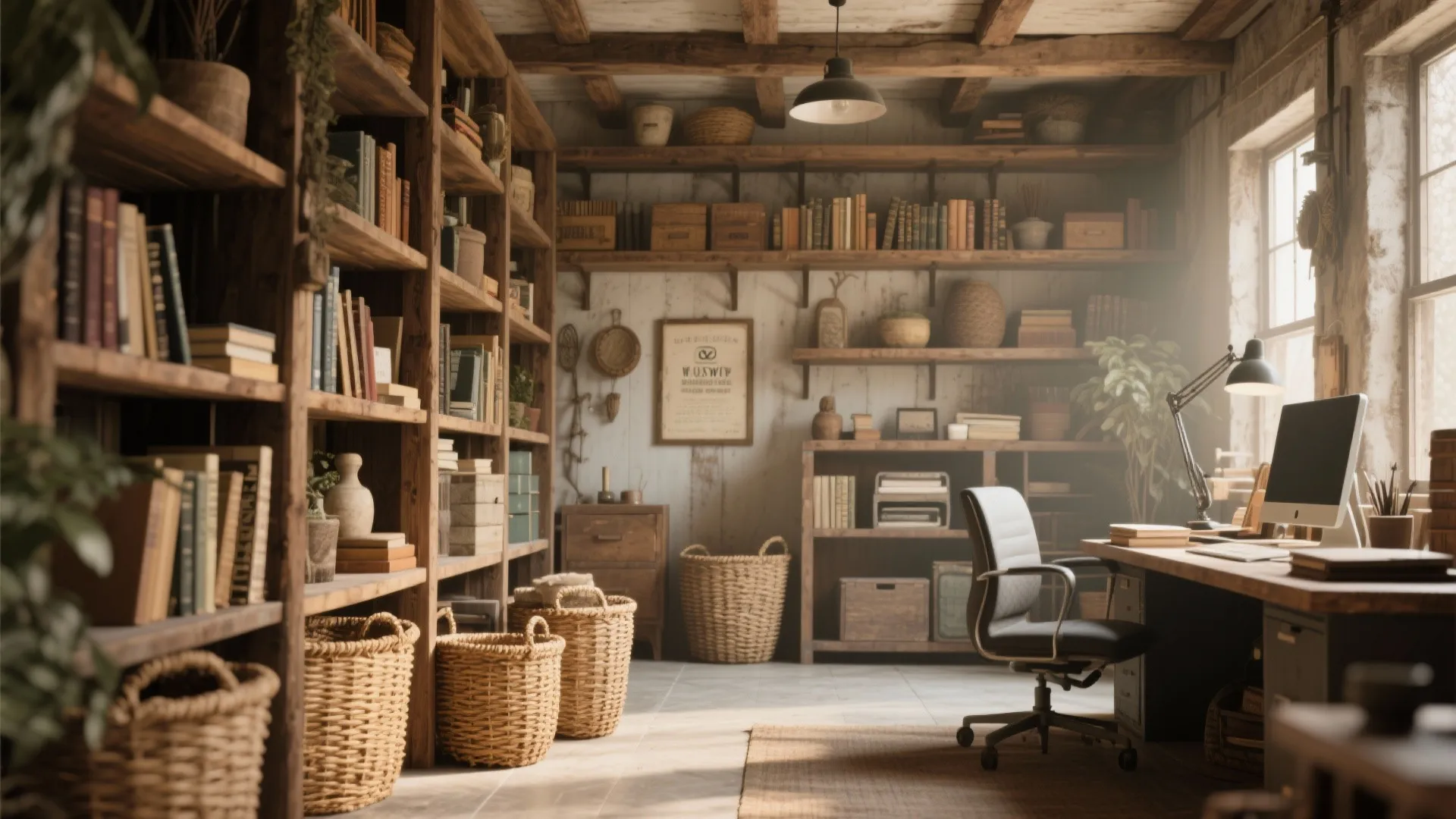 Rustic home office with wooden open shelves many books wicker baskets desk and black office chair