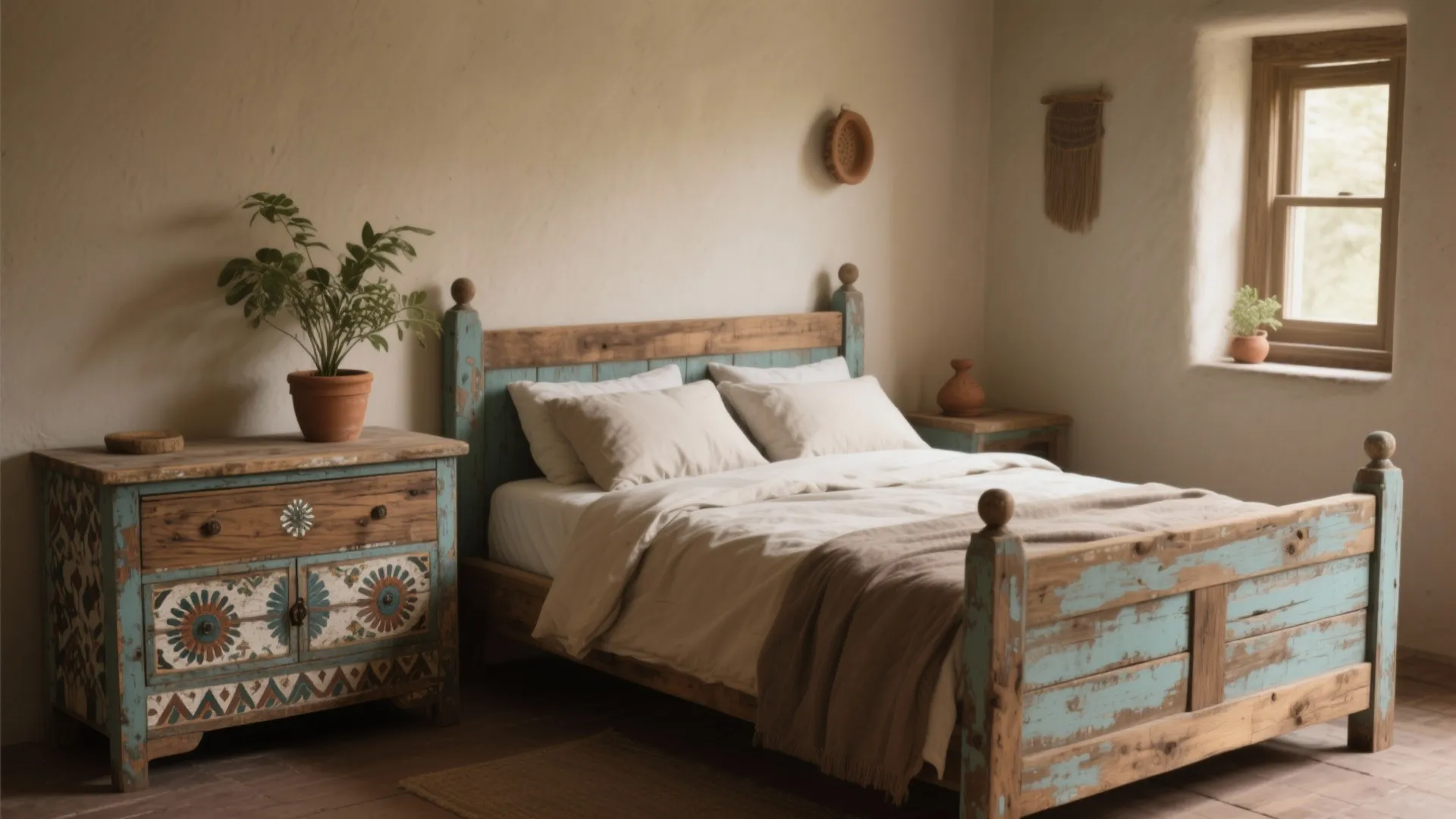 Rustic bedroom with distressed wooden bed frame patterned blue cabinet white walls and a green plant