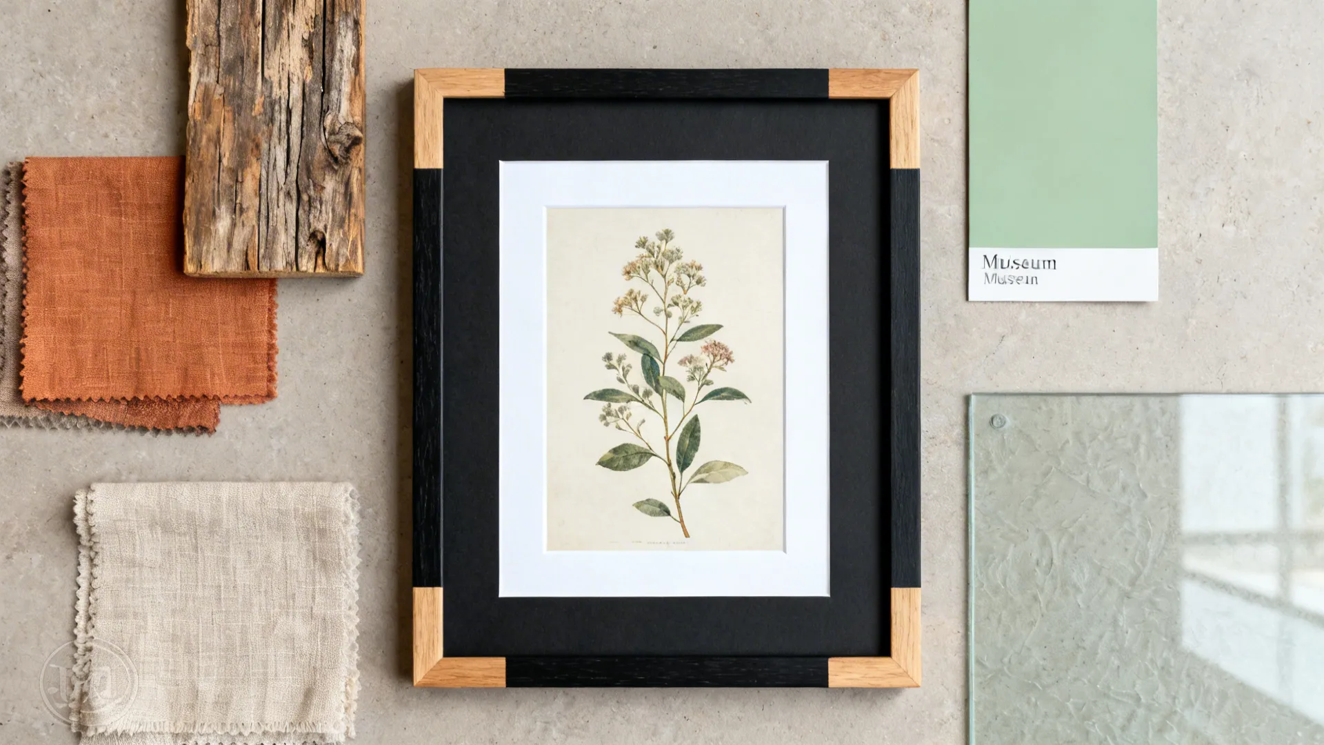 Top-down flatlay of linen swatches, wood sample, frame corners, and a botanical print.