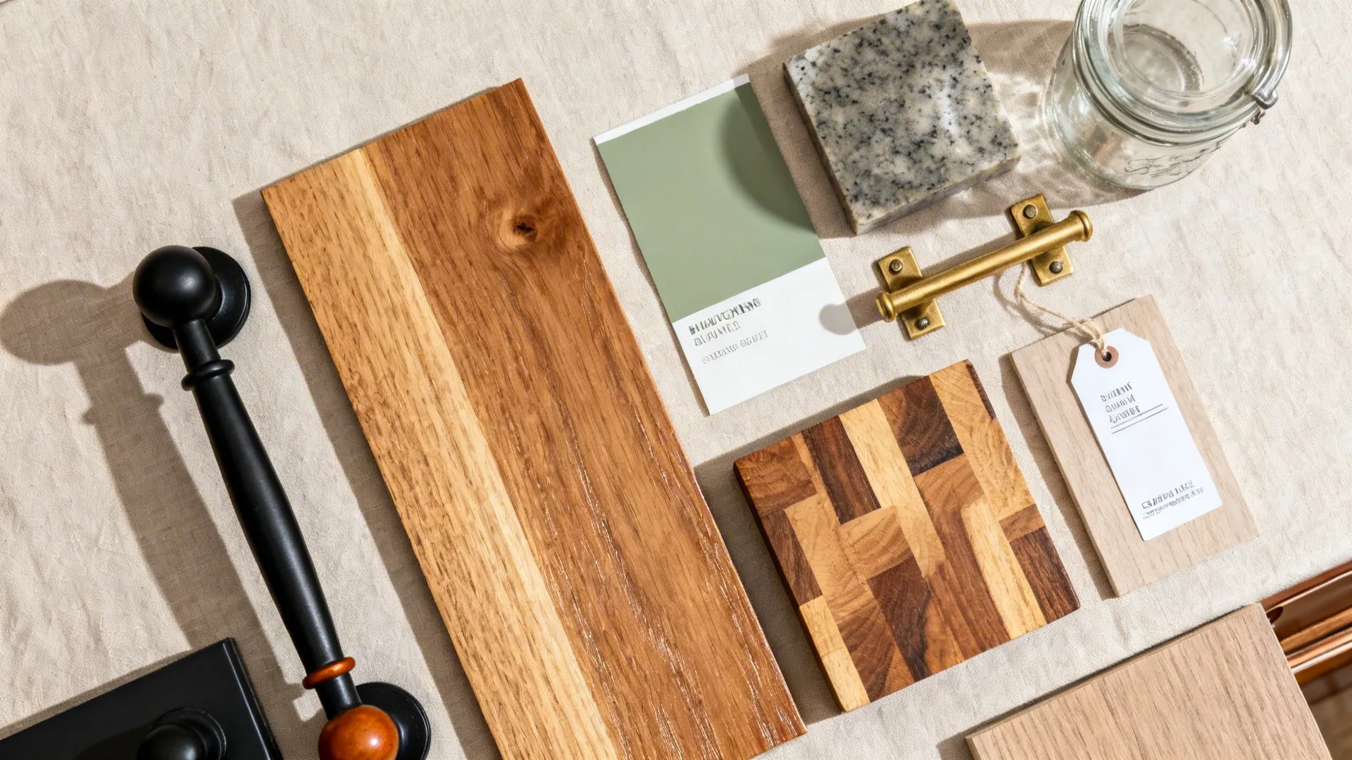 Interior design material board with wood samples, green color card, stone block, and metal handles