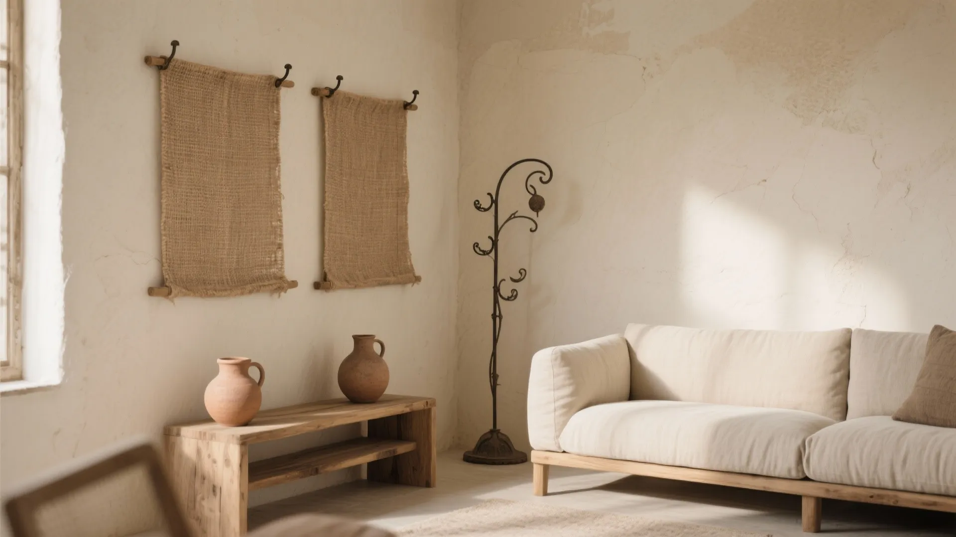 Rustic living room with a white sofa wooden bench clay pots and hanging burlap decorations