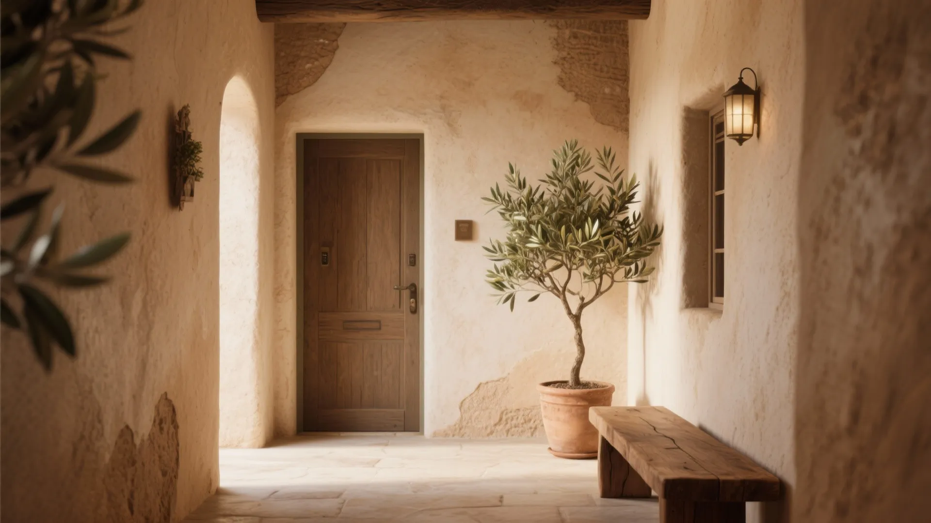 Rustic hallway with a wooden door olive plant in pot wooden bench and warm wall light