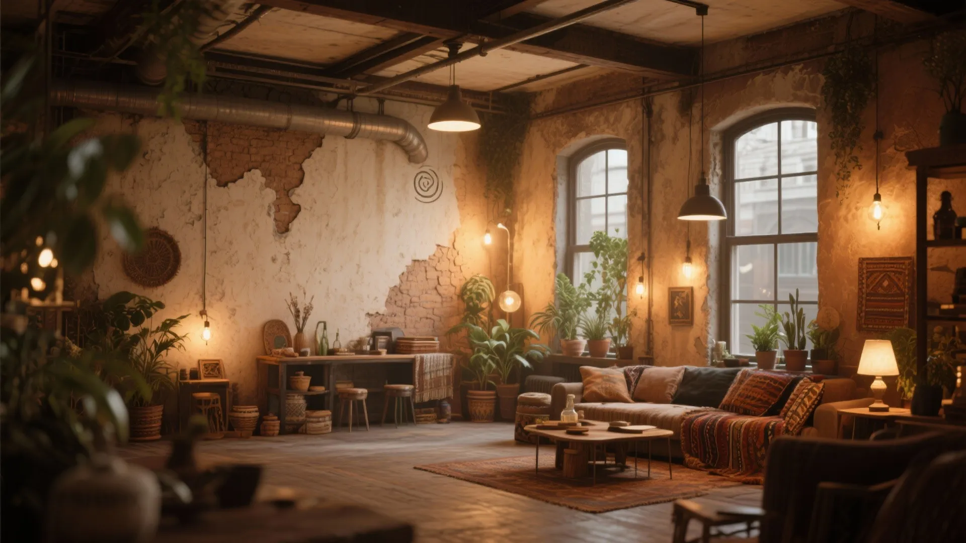 [
  {
    "items": [
      {
        "url": "https://coohom-biz-sg-s3.coohom.com/ins/static/article/rustic-plaster-loft-1758852687374443800.jpg",
        "alt": "Rustic living room with brick walls brown sofa coffee table indoor plants and ceiling lights"
      }
    ]
  }
]