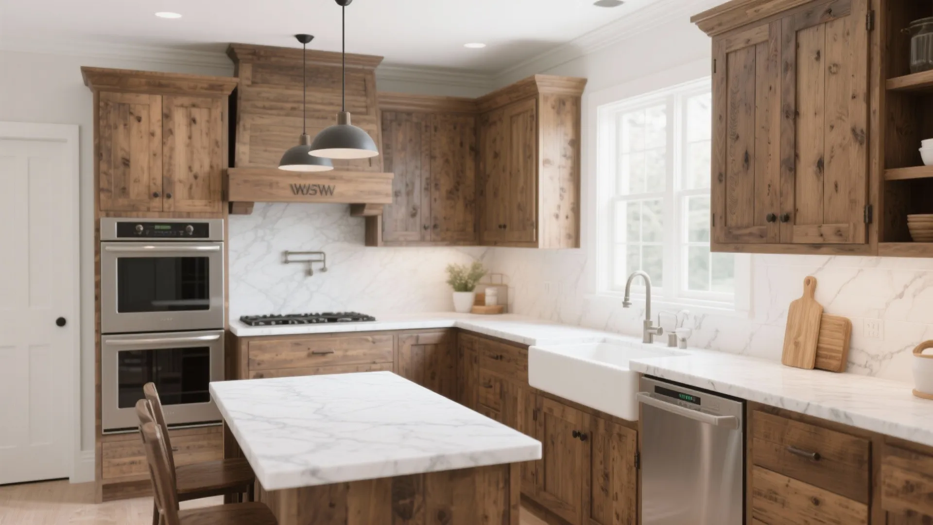 Rustic cabinets with modern white quartz countertops in bright kitchen