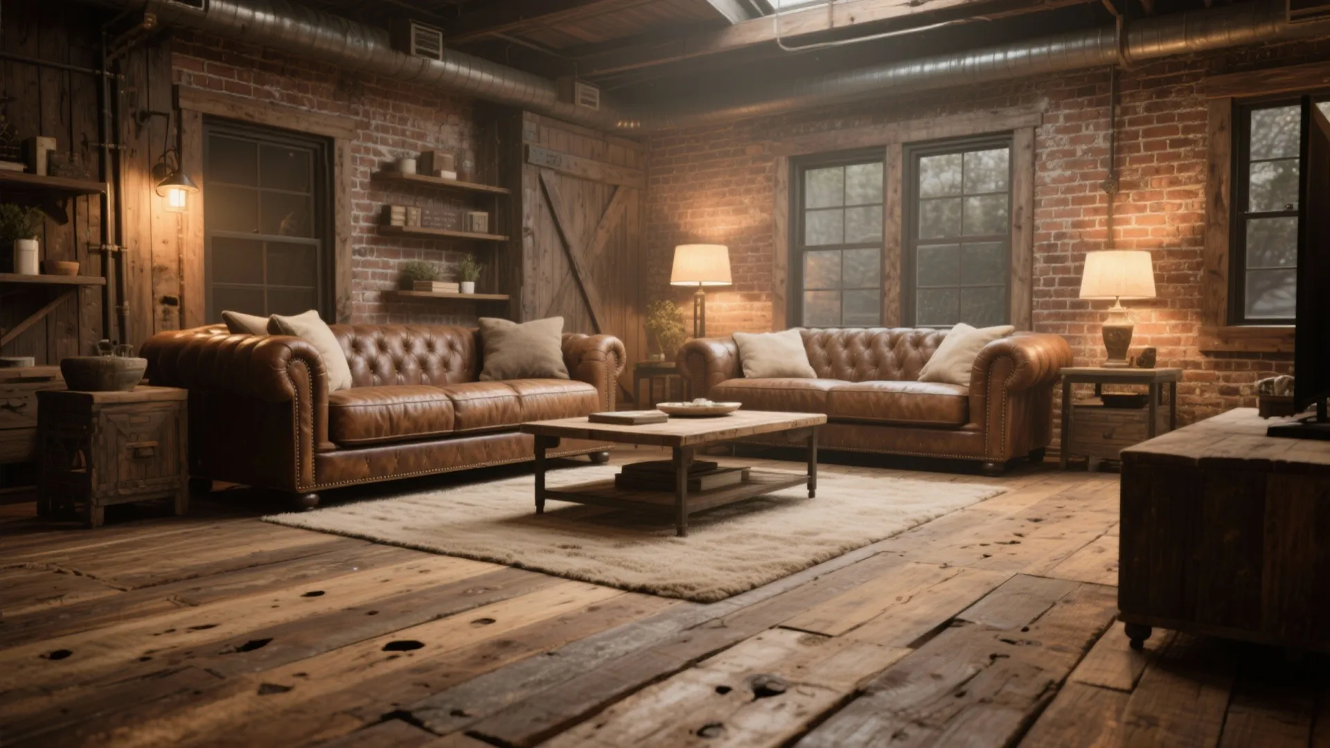 Rustic living room with reclaimed wood flooring and cozy decor