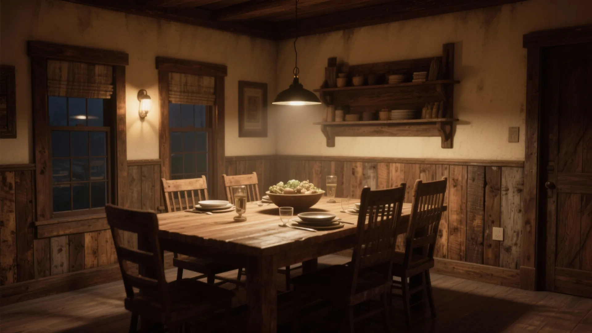 Rustic dining room with wooden table chairs wall panel open shelves and warm hanging light fixture
