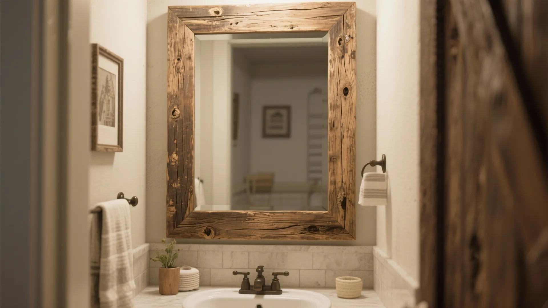 Cozy bathroom design with thick wooden frame mirror, white sink, marble wall, and soft lighting