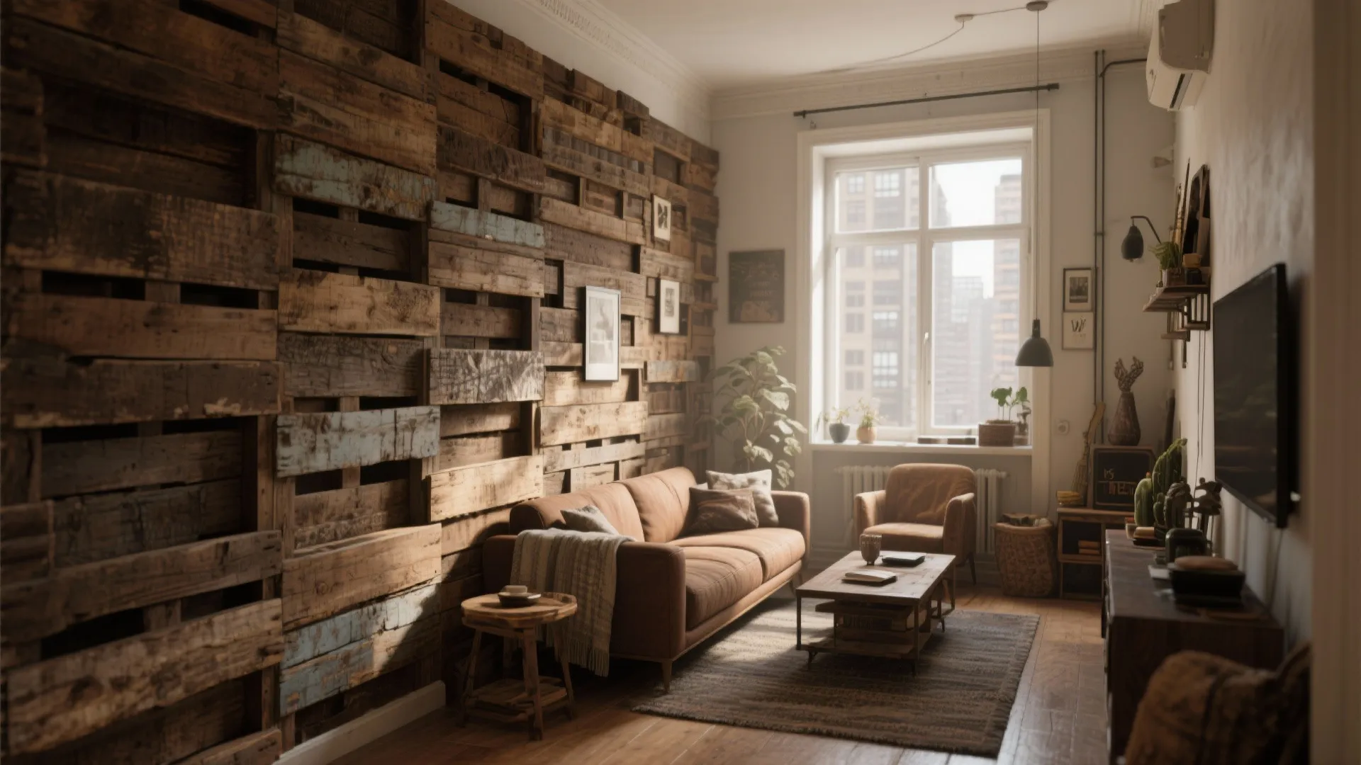 Cozy living room with brown sofa and decorative wood pallet wall panel near a window