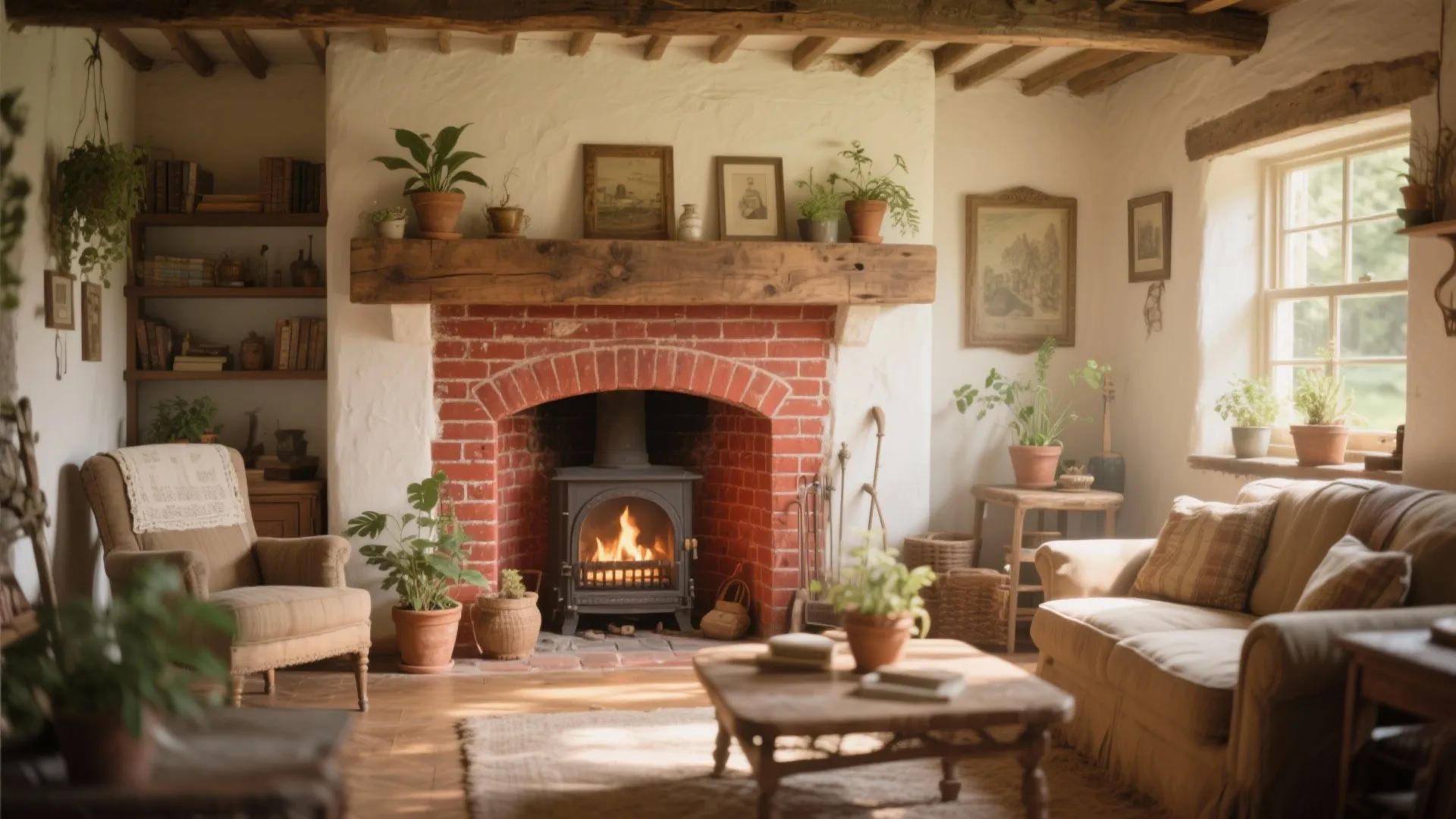 2. Rustic Red Brick with Vintage Mantel