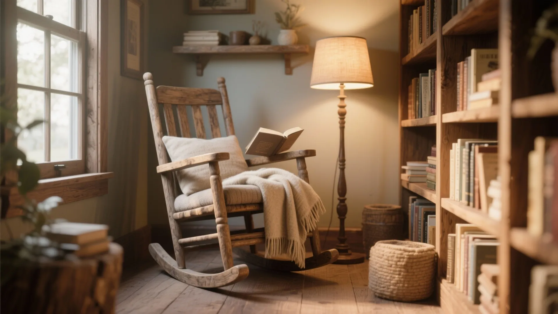 Rustic wooden rocking chair with a warm blanket next to a bookshelf and floor lamp