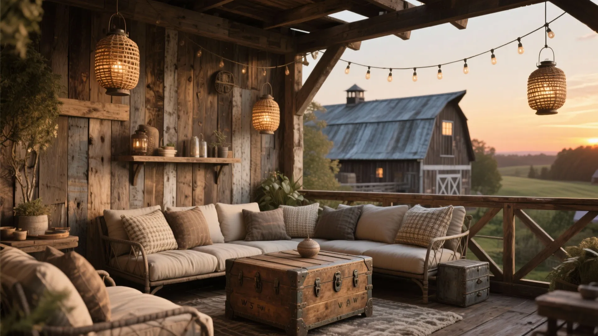 Rustic wooden porch at sunset with outdoor sofa trunk coffee table string lights and barn