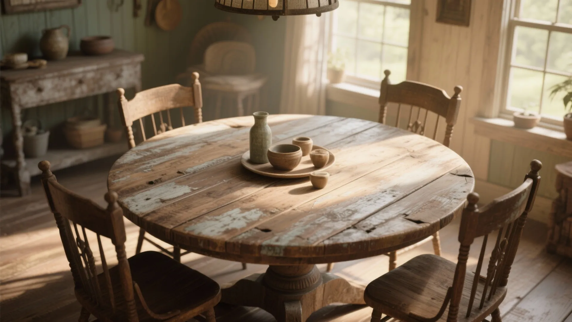 Rustic round wooden dining table and four chairs in a sunlit room with wooden flooring