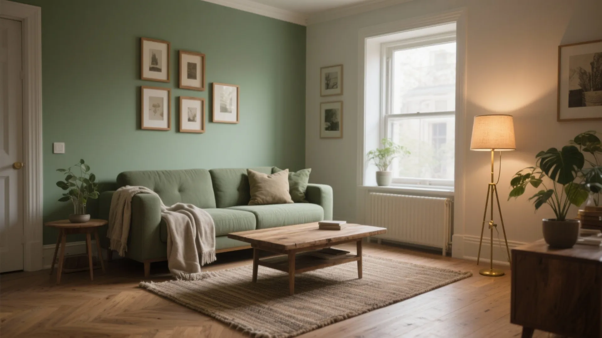 Modern rustic living room with sage green wall green sofa wooden coffee table and floor lamp