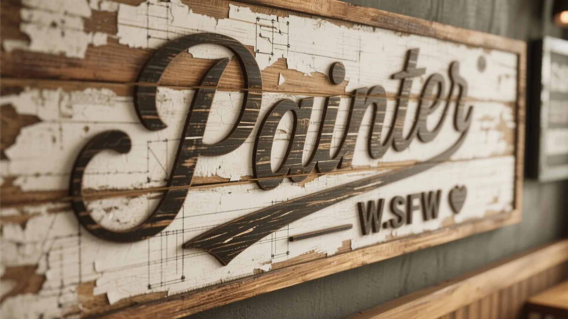 Vintage wooden sign with painter script text hanging on a dark wall with rustic finish