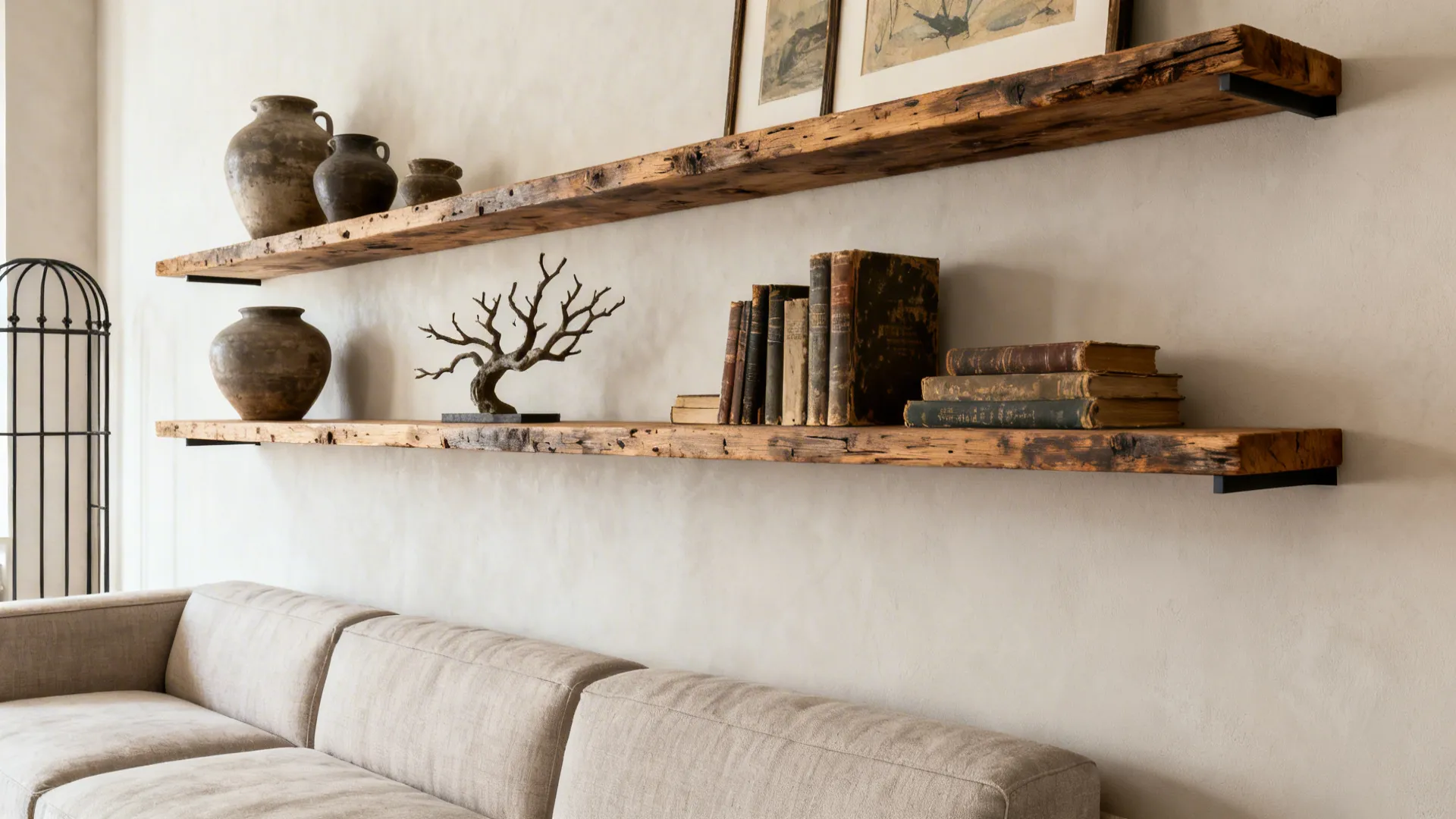 Long reclaimed-wood picture ledges with curated large decor pieces over a sofa.